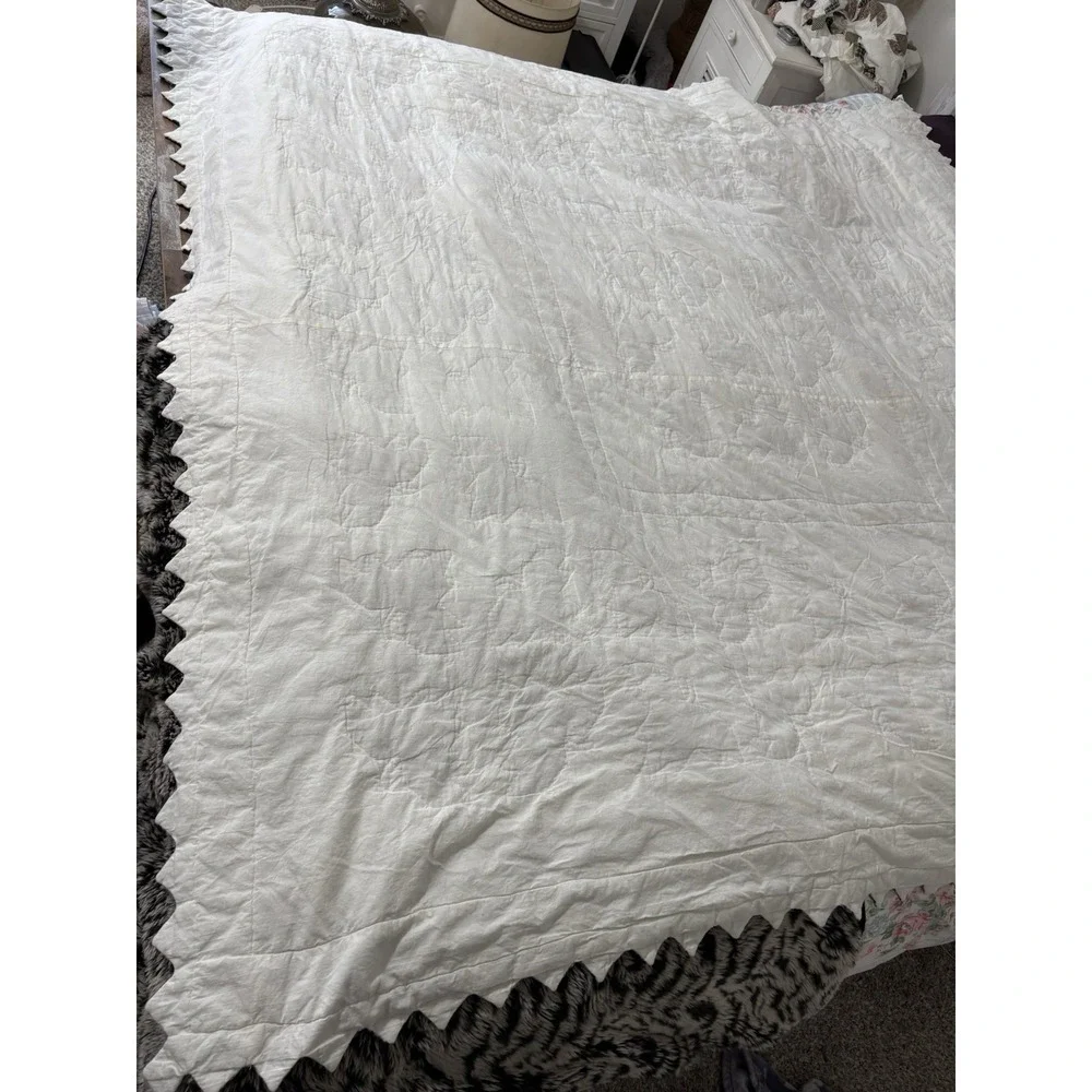 Vtn Handmade Quilt Full Leaves 100% Cotton Cream Sage With Two Shams 76